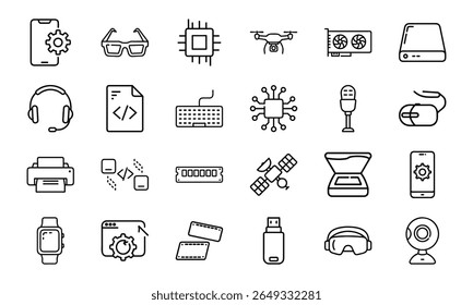 Coleção de 24 ícones mínimos da linha de tecnologia com gadgets, eletrônicos, dispositivos, computadores, smartphones, vestíveis e acessórios digitais para o design tecnológico moderno