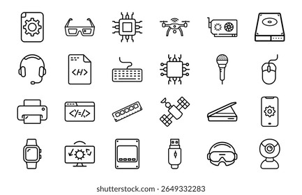 Coleção de 24 ícones mínimos da linha de tecnologia com gadgets, eletrônicos, dispositivos, computadores, smartphones, vestíveis e acessórios digitais para o design tecnológico moderno