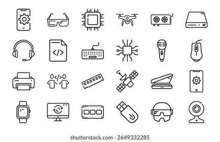 Collection of 24 Minimal Technology Line Icons Featuring Gadgets, Electronics, Devices, Computers, Smartphones, Wearables, and Digital Accessories for Modern Tech Design