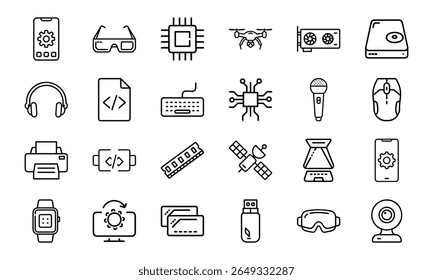 Coleção de 24 ícones mínimos da linha de tecnologia com gadgets, eletrônicos, dispositivos, computadores, smartphones, vestíveis e acessórios digitais para o design tecnológico moderno