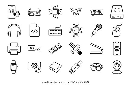 Coleção de 24 ícones mínimos da linha de tecnologia com gadgets, eletrônicos, dispositivos, computadores, smartphones, vestíveis e acessórios digitais para o design tecnológico moderno