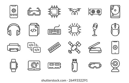Coleção de 24 ícones mínimos da linha de tecnologia com gadgets, eletrônicos, dispositivos, computadores, smartphones, vestíveis e acessórios digitais para o design tecnológico moderno