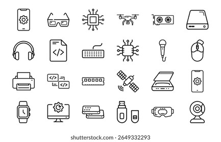 Coleção de 24 ícones mínimos da linha de tecnologia com gadgets, eletrônicos, dispositivos, computadores, smartphones, vestíveis e acessórios digitais para o design tecnológico moderno