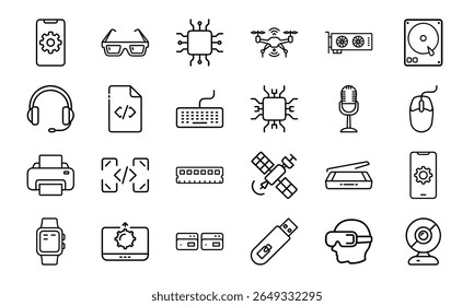 Coleção de 24 ícones mínimos da linha de tecnologia com gadgets, eletrônicos, dispositivos, computadores, smartphones, vestíveis e acessórios digitais para o design tecnológico moderno
