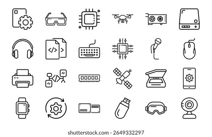 Coleção de 24 ícones mínimos da linha de tecnologia com gadgets, eletrônicos, dispositivos, computadores, smartphones, vestíveis e acessórios digitais para o design tecnológico moderno