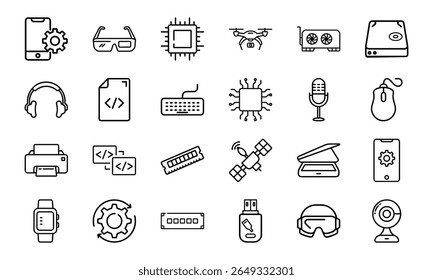 Collection of 24 Minimal Technology Line Icons Featuring Gadgets, Electronics, Devices, Computers, Smartphones, Wearables, and Digital Accessories for Modern Tech Design