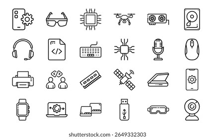 Coleção de 24 ícones mínimos da linha de tecnologia com gadgets, eletrônicos, dispositivos, computadores, smartphones, vestíveis e acessórios digitais para o design tecnológico moderno