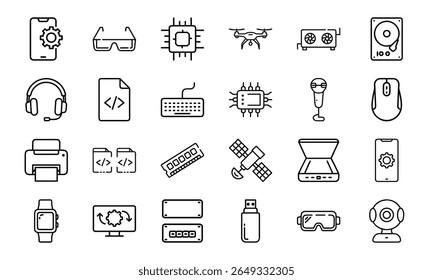 Collection of 24 Minimal Technology Line Icons Featuring Gadgets, Electronics, Devices, Computers, Smartphones, Wearables, and Digital Accessories for Modern Tech Design