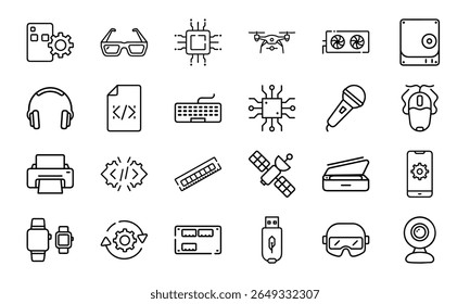 Coleção de 24 ícones mínimos da linha de tecnologia com gadgets, eletrônicos, dispositivos, computadores, smartphones, vestíveis e acessórios digitais para o design tecnológico moderno