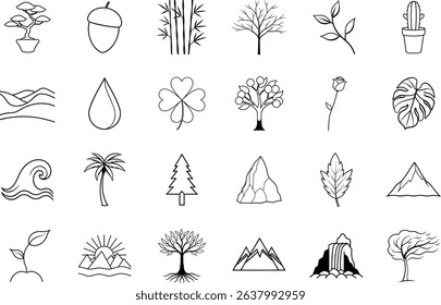 A collection of 24 minimalist line art nature icons, including plants, trees, mountains, water, and more. Simple, elegant design.