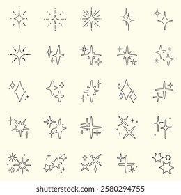 Collection of 24 minimalist star icons. Simple star designs in various styles. Star shapes perfect for decoration, design, and creativity. Star icons for projects. Element vector set.