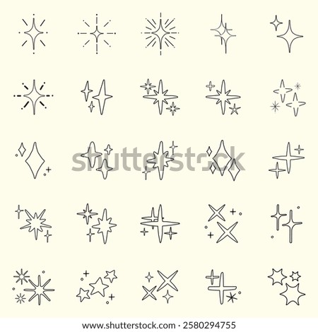 Collection of 24 minimalist star icons. Simple star designs in various styles. Star shapes perfect for decoration, design, and creativity. Star icons for projects. Element vector set.