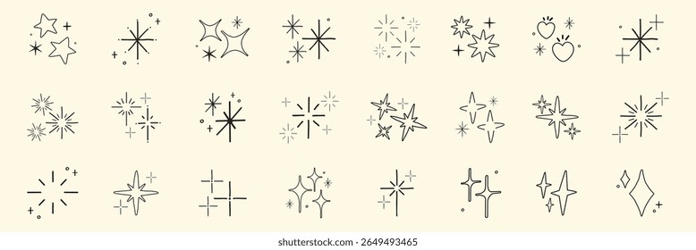 Coleção de 24 ícones minimalistas de estrela e brilho. Estrelas simples, diversas formas de brilho. Ideal para projetos de design que precisam de elementos de estrela e brilho. Vetor de elemento definido.