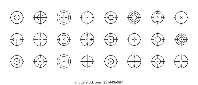 Collection of 24 minimalist target symbols and crosshairs for design and accuracy concepts. Vector icon