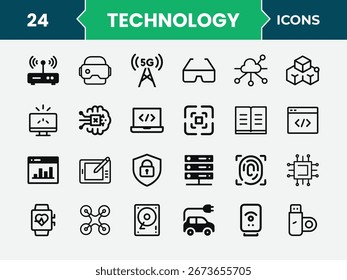 Una colección de 24 iconos de tecnología moderna, limpia y plana que representan varios conceptos y dispositivos digitales, perfectos para el Web y el diseño App.