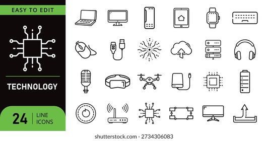 A collection of 24 modern technology line icons, including laptops, phones, and processors.