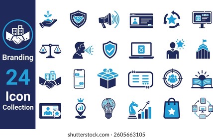 A collection of 24 professional branding and business icons in a modern vector style. Perfect for marketing, digital business, corporate identity, online advertising, and corporate strategy visuals.