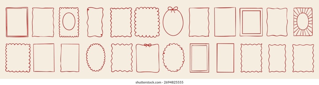 Coleção de 24 quadros desenhados à mão vermelha em várias formas: retângulos, ovais, bordas recortadas e onduladas. Estilo de doodle mínimo perfeito para cartões de Natal, convites e etiquetas de presente