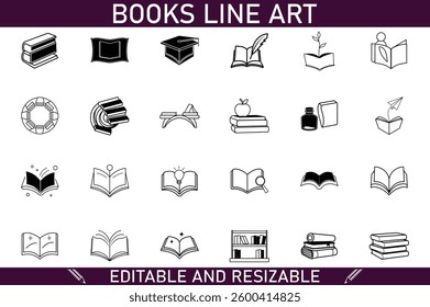 A collection of 24 simple black line art icons depicting books, reading, education, knowledge, and related concepts. Editable and resizable vector graphics.