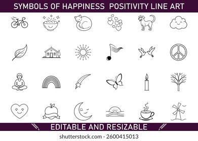 Collection of 24 simple line art icons symbolizing happiness, positivity, peace, nature, and relaxation. Editable and resizable vector graphics.