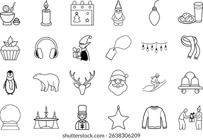 A collection of 24 simple line art Christmas icons depicting various holiday elements, including Santa, gifts, winter animals, and festive decorations.