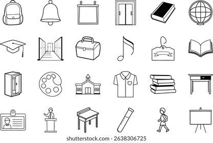 A collection of 24 simple line icons depicting various schoolrelated items, including education supplies, building, and student life elements.