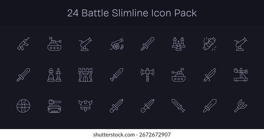Collection of 24 Slim Line-style vector icons for Battle, designed for clarity and versatility.