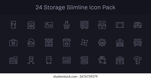 Coleção de 24 ícones de vetor estilo linha fina para armazenamento, projetado para clareza e versatilidade.