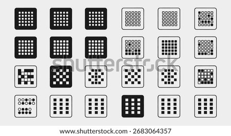 A collection of 24 square icons featuring various grid patterns, dots, and abstract arrangements, presented in black and white on a light background.