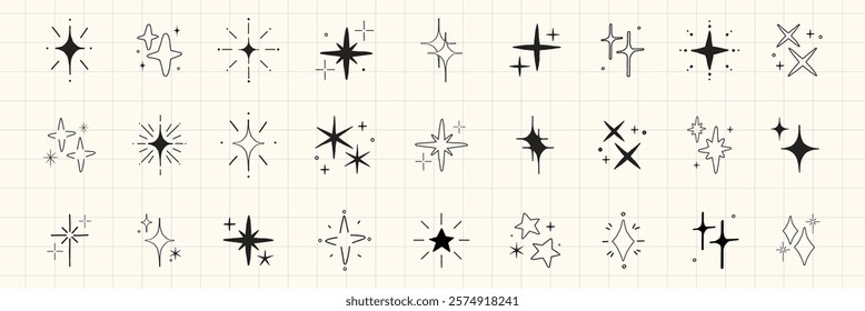 Collection of 24 star and sparkle icons in black on a grid background. Various star shapes and sparkle designs, perfect for decorative and design projects. Element vector set.