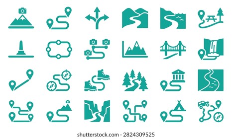 Collection of 24 teal flat navigation and travel icons featuring hiking trails, mountain peaks, camping sites, bridges, waterfalls, and route markers for outdoor adventure maps.