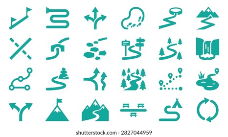 Collection of 24 teal green navigation and hiking map icons including winding paths, mountain trails, campsites, waterfalls, forests, direction arrows, and destination markers.