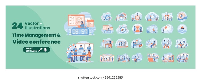 A collection of 24 time management and video conferencing illustrations. Featuring business people managing time, online meetings, and video conferencing activity. Mega set.