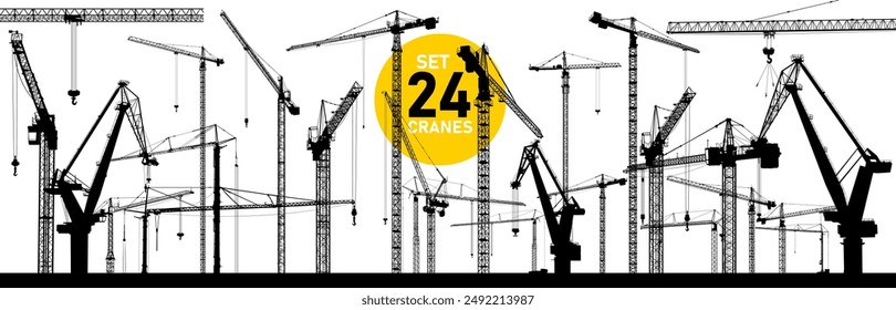 Collection of 24 tower construction cranes. Big set of silhouette crane working building. Illustration with building cranes isolated on white background. Vector black line art.