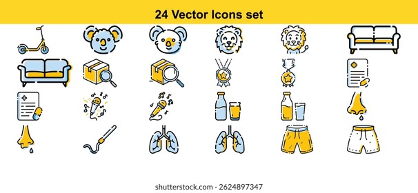 A collection of 24 unique and charming vector icons, perfect for various design projects. These versatile icons include animals, objects, and medical symbols.