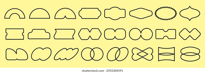 Collection of 24 unique geometric shapes on a yellow background. Geometric shapes include circles, ovals, and rectangles. Bold outlines highlight each shape. Black shapes, vector element set.