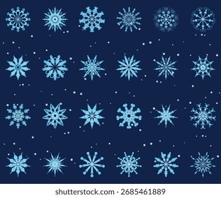 Colección de 24 copos de nieve de Vector únicos. Perfecto para diseños de invierno, tarjetas de Navidad, embalaje, patrones y decoraciones festivas. Editable, escalable y listo para imprimir o Web