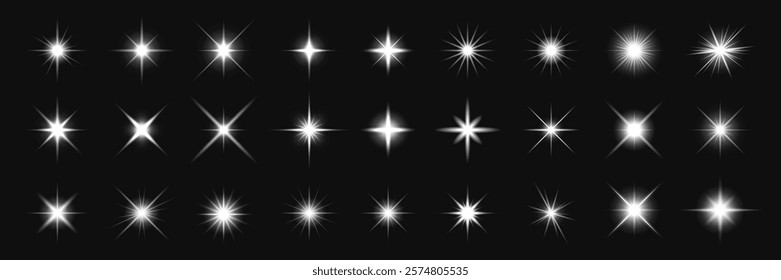 A collection of 24 white starburst light effects on a black background. Starburst designs vary in shape and intensity, creating a dynamic visual effect. Overlay effect vector element set.