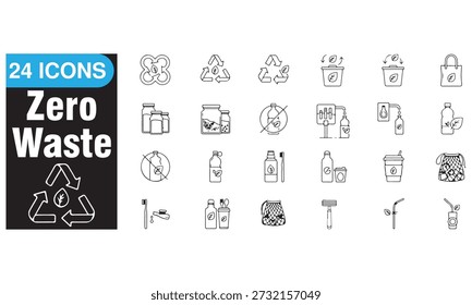 Colección de 24 íconos de la línea de cero residuos con reciclaje, empaques ecológicos, bolsas reutilizables, cepillos de dientes de bambú, frascos de vidrio y conceptos de estilo de vida sostenible. Perfecto para proyectos ambientales, campañas de reducción de residuos, marca orgánica y diseños de productos ecológicos.