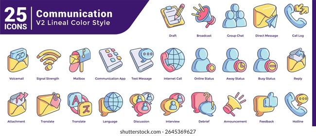 A collection of 25 3d icons for user interface in Communication theme Lineal Color style.