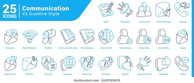 Una colección de 25 íconos 3D para la interfaz de usuario en el estilo de línea dual del tema de la comunicación.