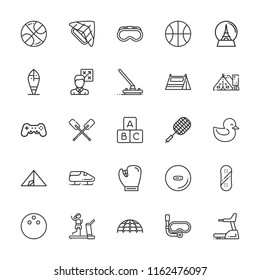 Collection of 25 activity outline icons include icons such as gym, blocks, playground, gamepad, tactics, badminton, baseball glove, basketball, bobsleigh, bowling, curling