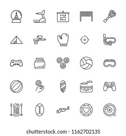 Collection of 25 activity outline icons include icons such as casino chip, gamepad, tactics, baseball glove, biathlon, canoe, curling, goggles, harpoon, lacrosse, rugby
