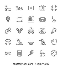 Collection of 25 activity outline icons include icons such as casino chip, bingo, pool, gamepad, baseball glove, curling, hockey box, racket, skiing, tennis racket