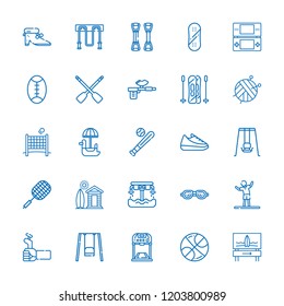 Collection of 25 activity outline icons include icons such as swing, badminton, basketball, harpoon, hoverboard, rowing, rugby, shoe, skiing, snowboard, swimming