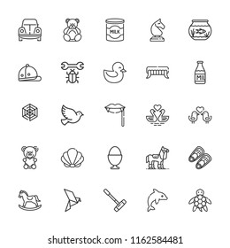 Collection of 25 animal outline icons include icons such as aquarium, milk, bug, bird, pigeon, fins, horse, polo, beetle, spider web, rocking horse, teddy bear, duck, swans