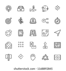 Collection of 25 arrow outline icons include icons such as investment, watch, recycling, compass, inbox, video player, sword, speedometer, for sale, apps, turn right, target