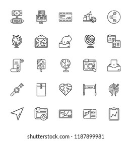 Collection of 25 arrow outline icons include icons such as earth globe, browser, browsers, target, globe, virtual reality, statistics, degree, sale, map, finish, watch, cursor