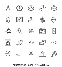 Collection of 25 arrow outline icons include icons such as bar chart, recycling, browser, pin, line chart, sword, archery, chronometer, harpoon, growth, clock, compass