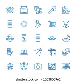 Collection of 25 art outline icons include icons such as casino chip, smartphone, set square, alarm, clown, aim, crane, boat, swans, lunchbox, theater masks, satellite, idea